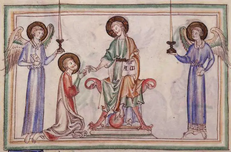Illuminated manuscript showing Saint John kneeling before Christ enthroned, with the letters Alpha and Omega