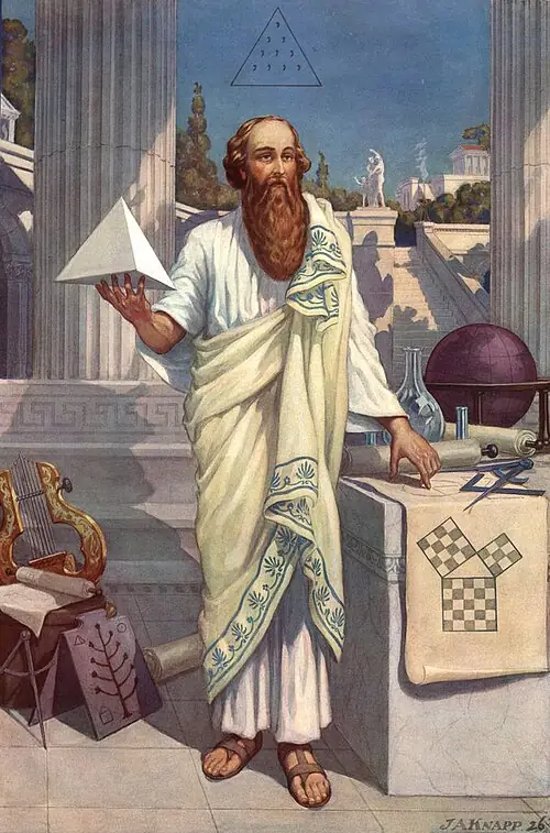 Pythagoras in a Knapp engraving, seated with a tablet of symbolic ratios
